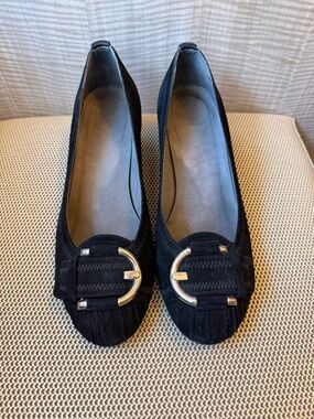 Stuart Weitzman Black Suede Women's Ballet Flats with Gold Buckle